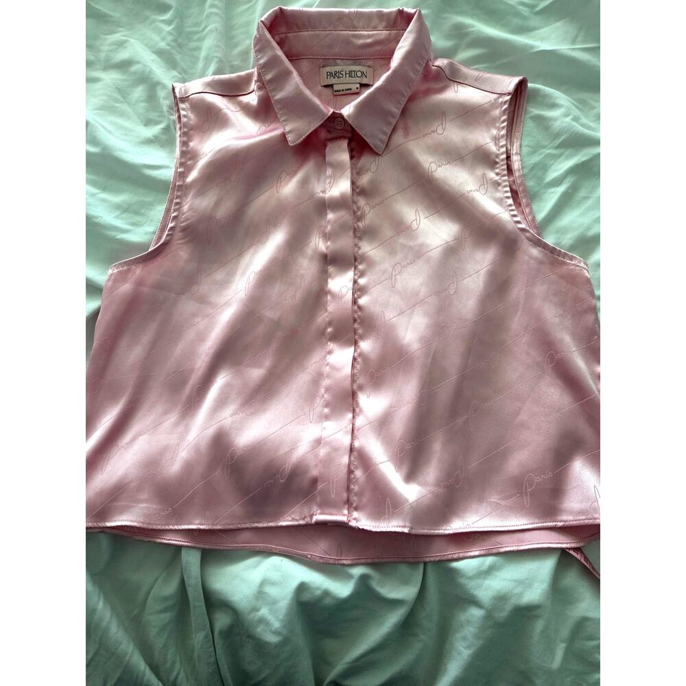 aris Hilton Pink Sleeveless Cropped Button Up Top Contrast Stitch Y2K Size M - Picture 1 of 3
